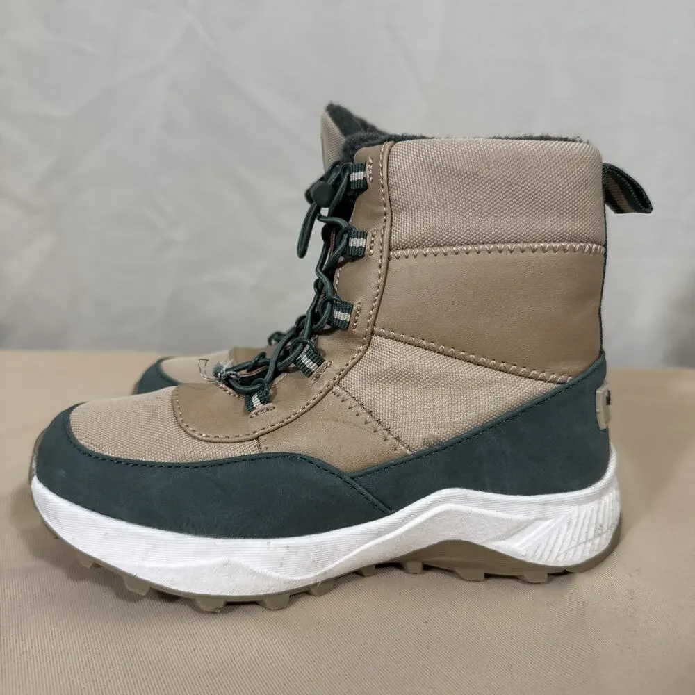 London Fog Kids Size 12 Winter Boots Tan Green Bungee Lace Hiking Snow Outdoor